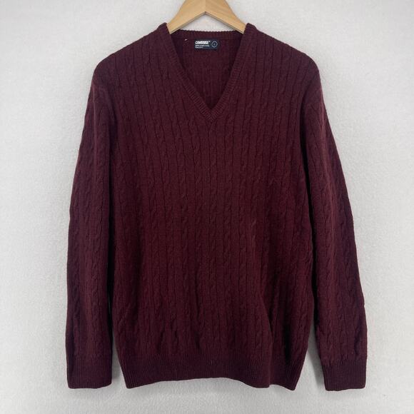 CAMBRIDGE Sweater Mens L Super Lambswool Blend Cable V-Neck Pullover Burgundy - Picture 2 of 13